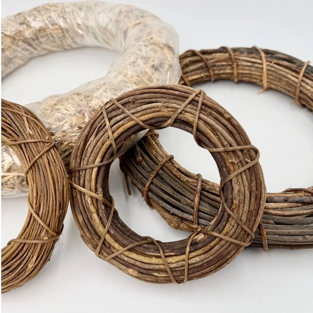 Natural Grapevine and Straw Wreath Base Set 4pc Rustic DIY Craft Decor 6-14in